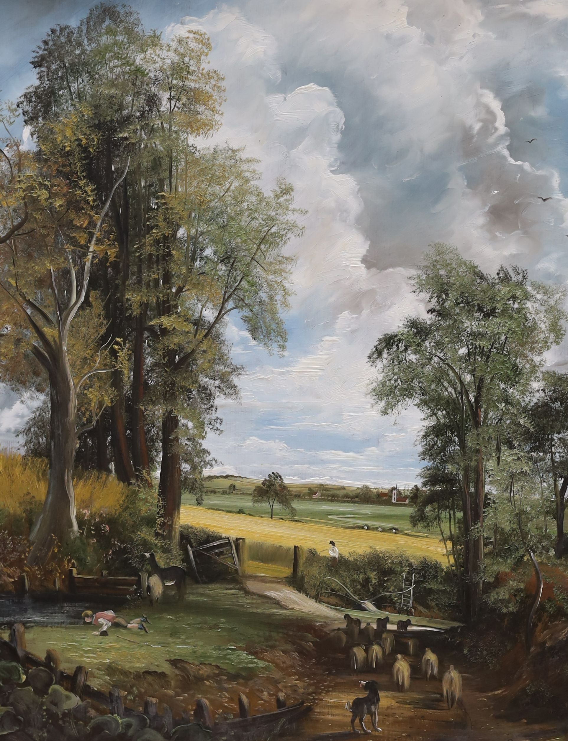 Raymond Price (20th century), four oils on board, Landscape after Constable, Beach scene, Salisbury Cathedral and Cattle on a lane, signed, largest 72 x 56cm